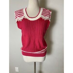 Vintage 70s Ostrich Pink Knit Sweater Vest Lace Trim Striped Sleeveless Top S